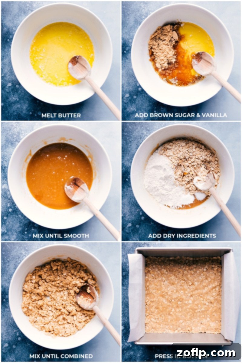 Preparing the buttery oatmeal base for the jam bars.