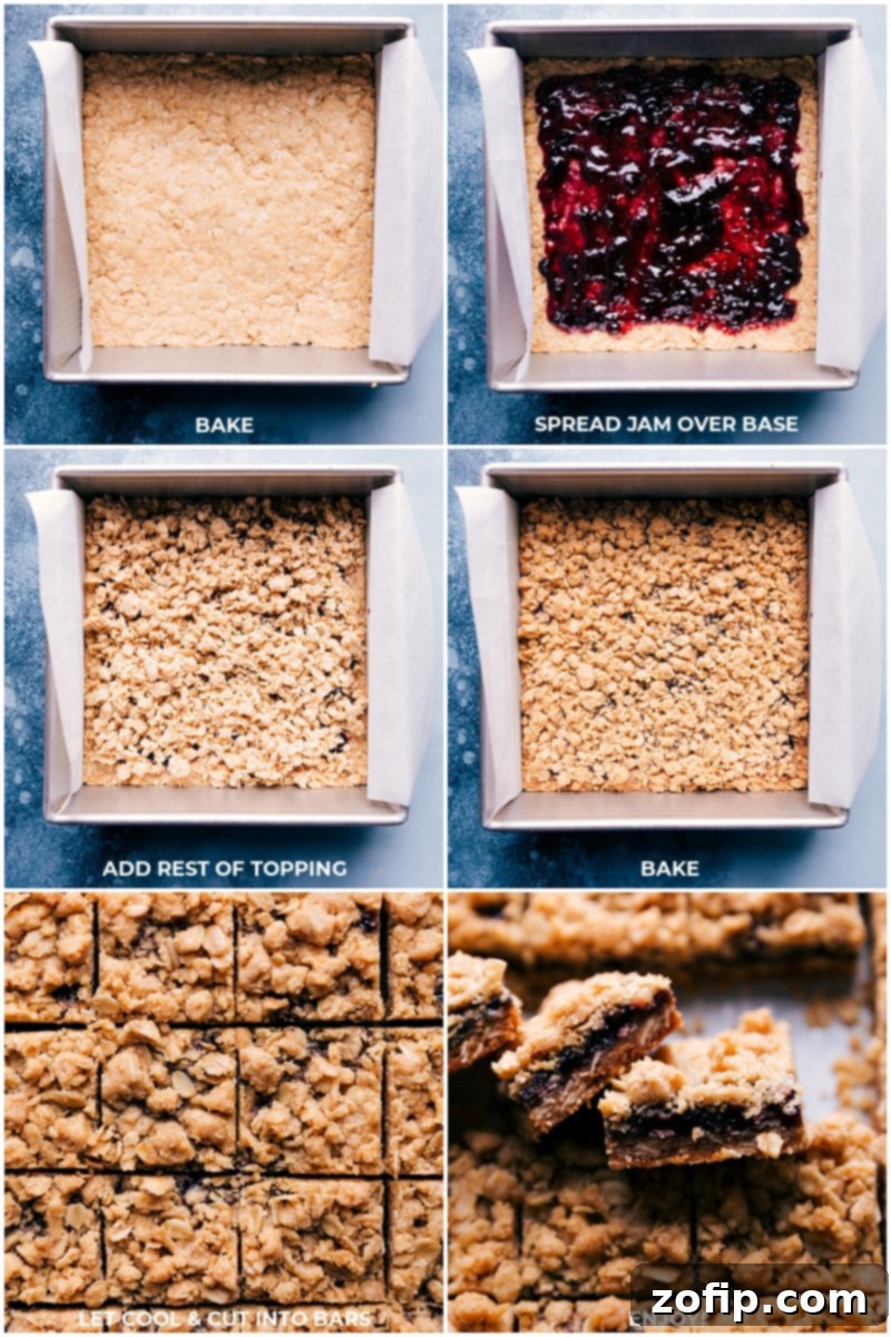 Jam being spread onto the baked oat base, followed by a crumbly topping for baking.