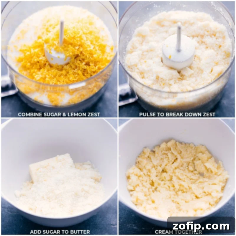 Key steps: infusing sugar with lemon zest and creaming butter for a flavorful Lemon Curd base. Process shots showing granulated sugar being pulsed with lemon zest in a food processor, followed by butter and the sugar-zest mixture being creamed together until light and fluffy.