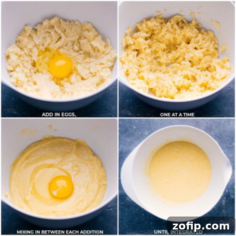 The crucial step of incorporating eggs into the Lemon Curd mixture for emulsification. Process shots showing eggs being added one by one to the creamed butter and sugar mixture, then gently beaten in.
