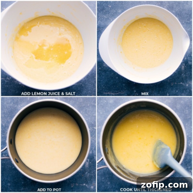Cooking and thickening the Lemon Curd mixture to achieve its perfect consistency. Process shots of lemon curd being cooked in a saucepan, showing the addition of lemon juice and salt, followed by the mixture thickening as it's stirred constantly.
