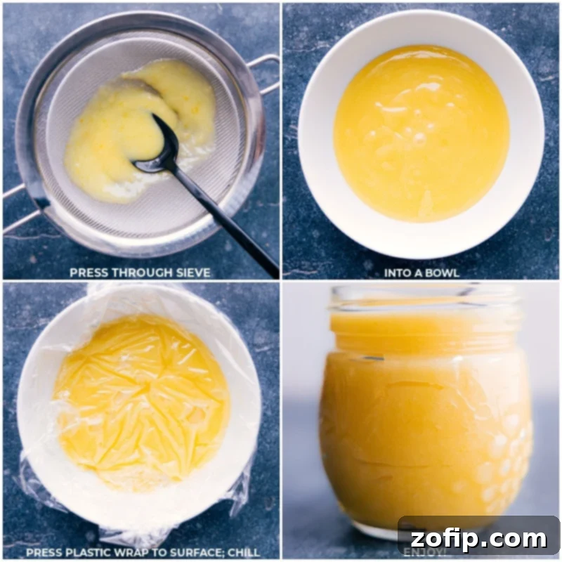 Straining and chilling the homemade Lemon Curd for a perfect, smooth finish. Process shots showing the freshly cooked lemon curd being pushed through a fine-mesh sieve for a smooth texture, followed by the curd being covered with plastic wrap and chilling in a bowl.
