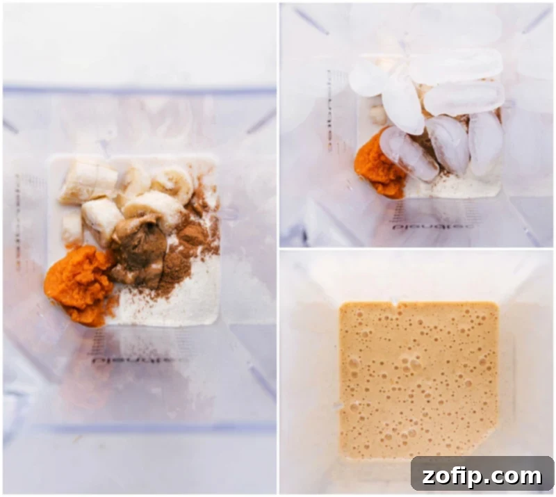Ingredients including pumpkin puree, protein powder, and ice being added to a blender, ready to be mixed into a pumpkin spice protein shake.