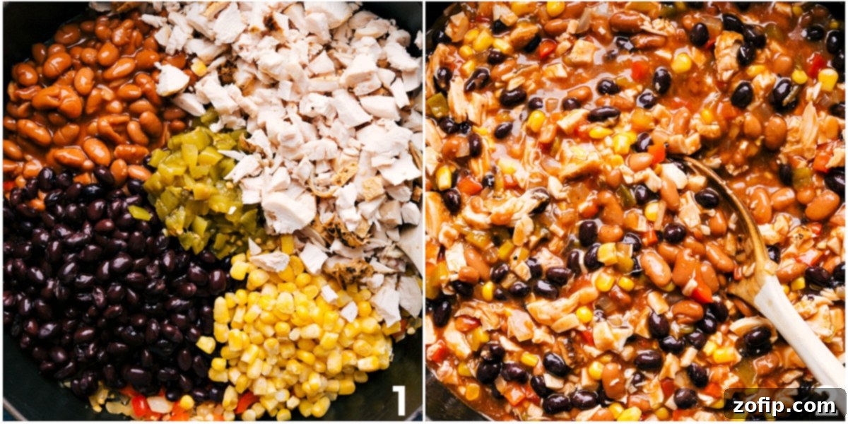 All the flavorful filling ingredients—chicken, beans, corn, and spices—beautifully mixed together in a large skillet, ready for layering into the chicken enchilada casserole.