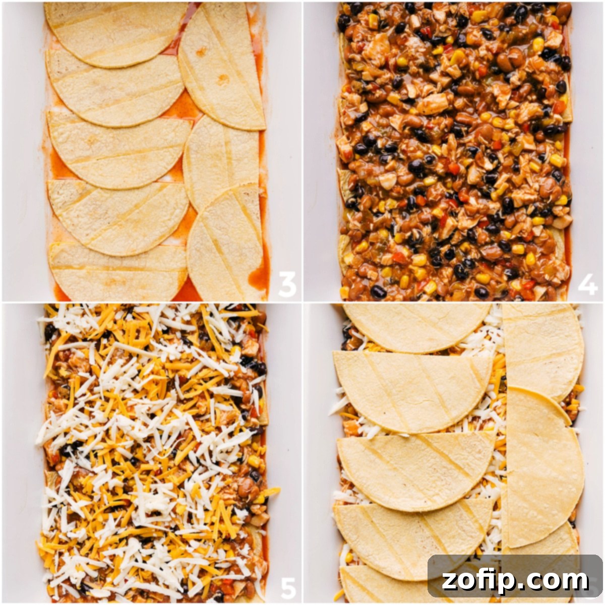 The process of layering the casserole in a 9x13-inch pan, beginning with a base of rich sauce, followed by neatly arranged tortillas, then a generous portion of the savory chicken and bean filling, and finally a blanket of shredded cheese, with the layers repeated for ultimate deliciousness.