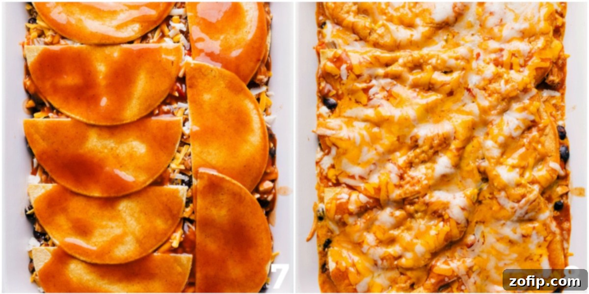 The final top layer of the chicken enchilada casserole being expertly arranged into the baking dish, poised for its transformation in the oven to a golden, bubbly, and delicious dinner.