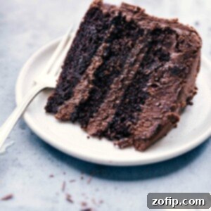 The slice of delicious and rich chocolate cake on a plate, ready to be eaten.