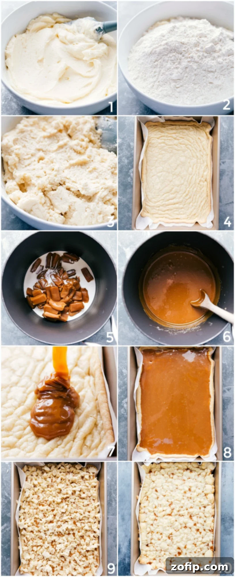 Making Caramel Cookie Bars Step by Step Making the delicious salted caramel cookie bars from start to finish, including preparing dough, layering with caramel, baking, and slicing into bars.