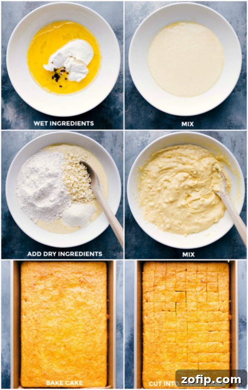 Cake Preparation Steps for Trifle Step-by-step process of preparing the cake for the trifle: wet ingredients in a bowl, adding dry ingredients, mixed batter, baked cake in a pan, and cake segmented into cubes.
