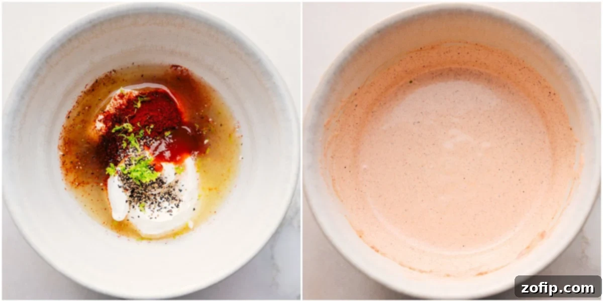 Making the best creamy dressing to drizzle on this dish in a small bowl with a whisk.