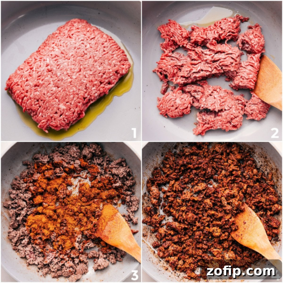 Brown the beef and add taco seasoning for this taco pasta salad in a large skillet.
