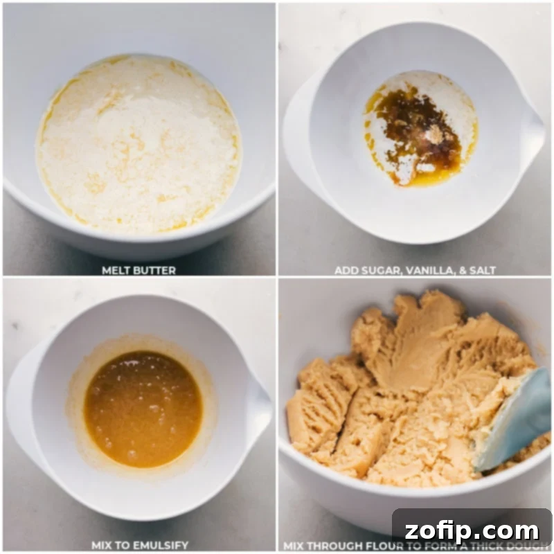 The buttery shortbread base comes together with simple ingredients, forming the perfect foundation for our homemade Twix Bars. #dessert #best #quick #easy #simple #familyfriendly #treat #shortbread #caramel #twixbars Process shots of the initial ingredients for the shortbread crust being mixed together, including butter, sugar, vanilla, salt, and flour