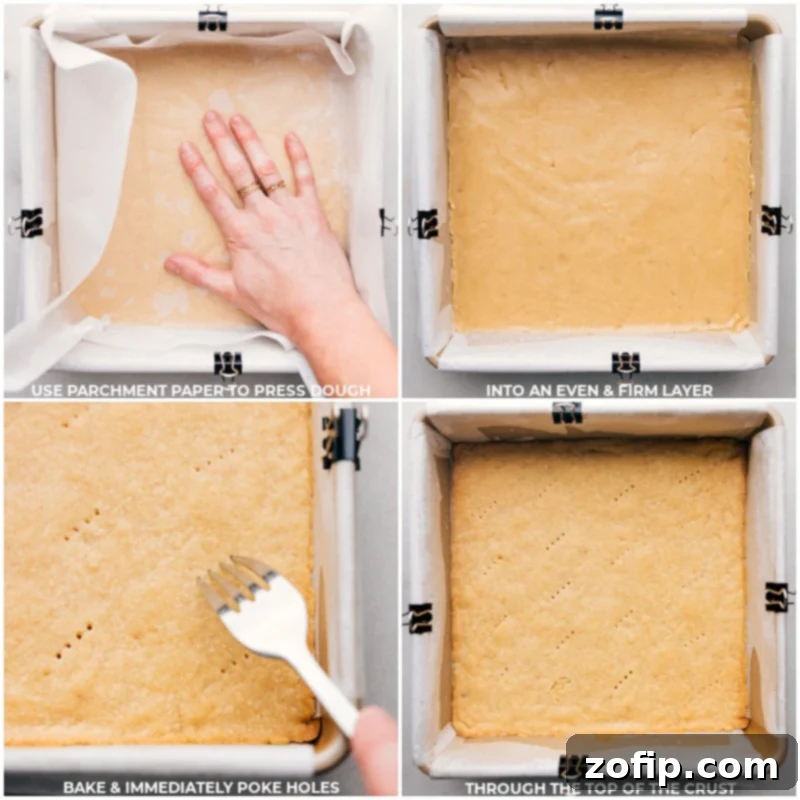 The buttery shortbread crust bakes to golden perfection, ready for the next delicious layer. This homemade Twix Bars recipe promises irresistible layers and a sweet treat that's better than store-bought! #dessert #best #quick #easy #simple #familyfriendly #treat #shortbread #caramel #twixbars Process shots of the shortbread crust being baked in a pan, showing a golden brown edge