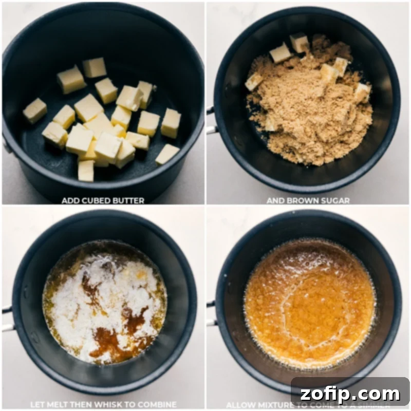 The gooey, vanilla-kissed caramel begins with butter and brown sugar, simmering to perfection. This essential layer completes the irresistible homemade Twix Bars experience! #dessert #best #quick #easy #simple #familyfriendly #treat #shortbread #caramel #twixbars Process shots of the caramel layer being prepared, showing butter and brown sugar melting and simmering in a small pot