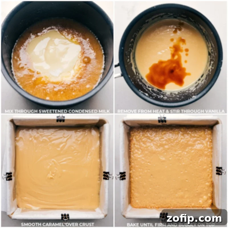 Sweetened condensed milk and vanilla transform the simmering butter and brown sugar into a rich, gooey caramel, perfectly layered over the baked shortbread crust. This delicious Twix Bars recipe is all about irresistible layers and homemade goodness! #dessert #best #quick #easy #simple #familyfriendly #treat #shortbread #caramel #twixbars Process shots of Twix Bars showing sweetened condensed milk and vanilla being added to the caramel mixture, then layered over the shortbread and baked