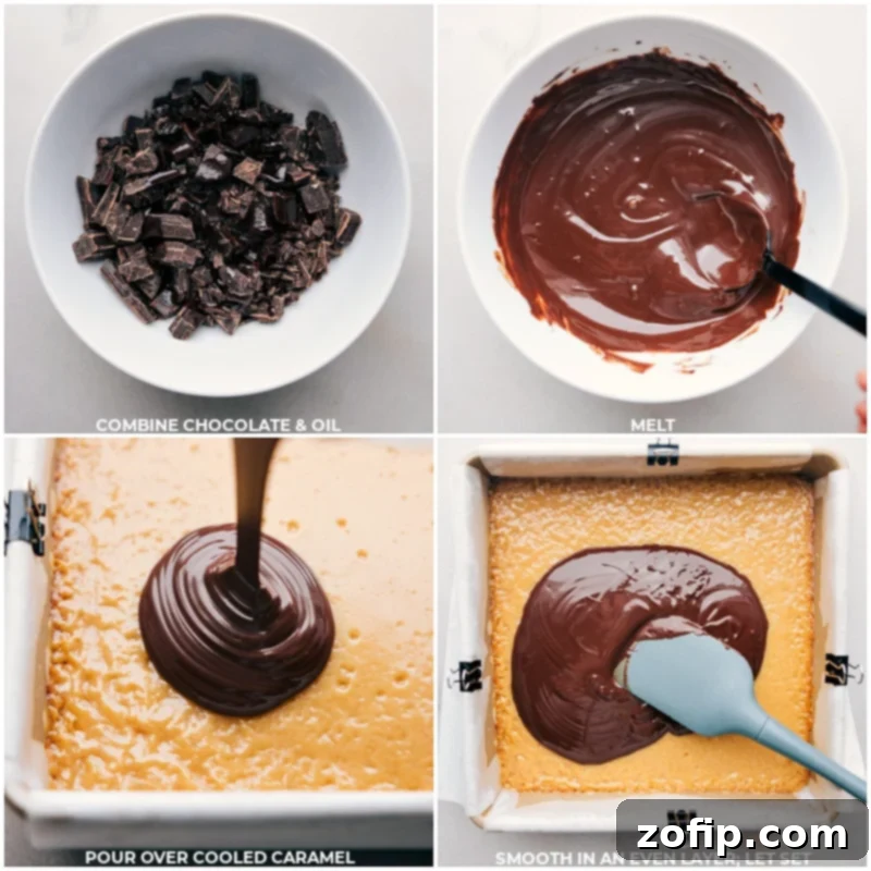 The final irresistible layer: smooth, melted chocolate spread over the set caramel. This homemade Twix Bars recipe guarantees a delicious treat! #dessert #best #quick #easy #simple #familyfriendly #treat #shortbread #caramel #twixbars Process shots of melted chocolate being layered over the set caramel layer, creating the final topping for the Twix Bars