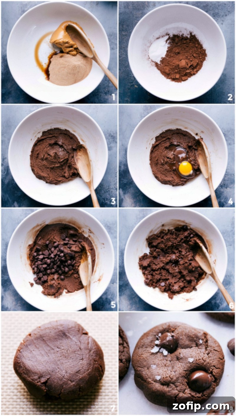 Step-by-step process of making healthy chocolate cookies: showing dough being mixed, rolled into balls, pressed with chocolate chips, and baked golden brown.