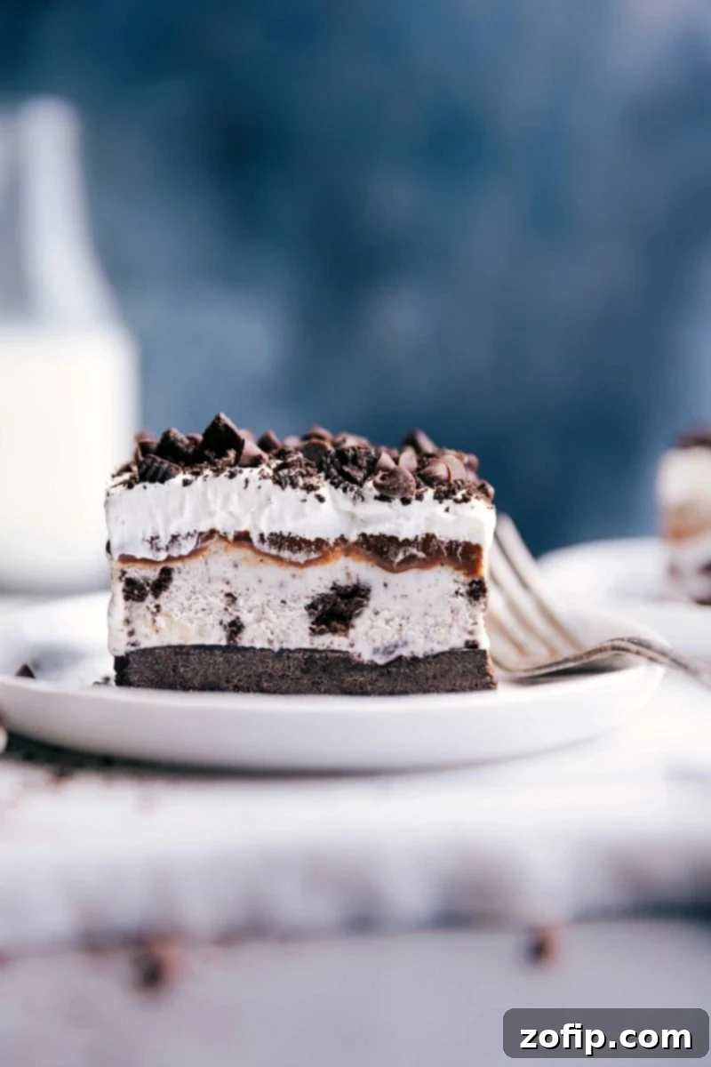 Ultimate Oreo Ice Cream Cake 2 Slice of Oreo ice cream cake with distinct creamy and cookie layers on a plate ready to be enjoyed, showcasing the rich textures and appealing presentation.