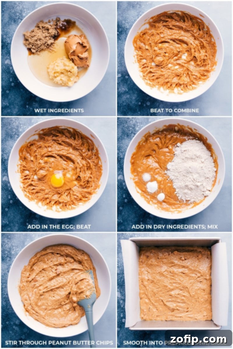 Process shots showing the wet ingredients (mashed banana, peanut butter, honey) and dry ingredients being combined and mixed in a bowl, then transferred to a prepared baking pan. This illustrates the simple, one-bowl preparation of the healthy Peanut Butter Banana Bars.