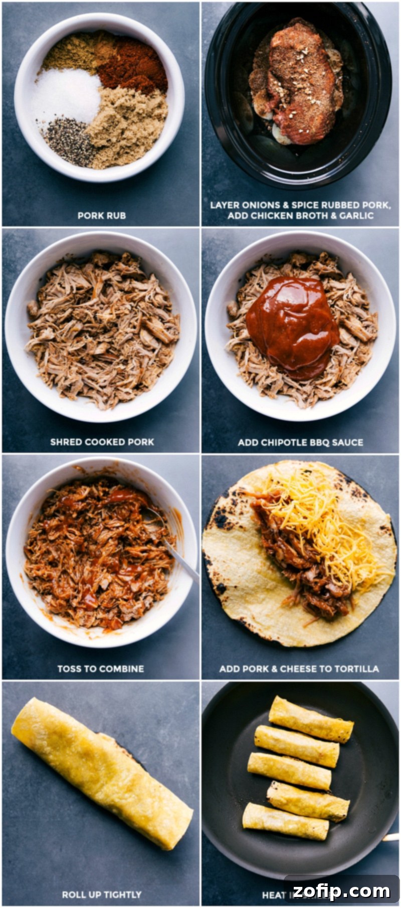 Prepping pork in a slow cooker, cooking, shredding it, adding BBQ sauce, then adding the pork to a tortilla with cheese, rolling up, and frying in a skillet.