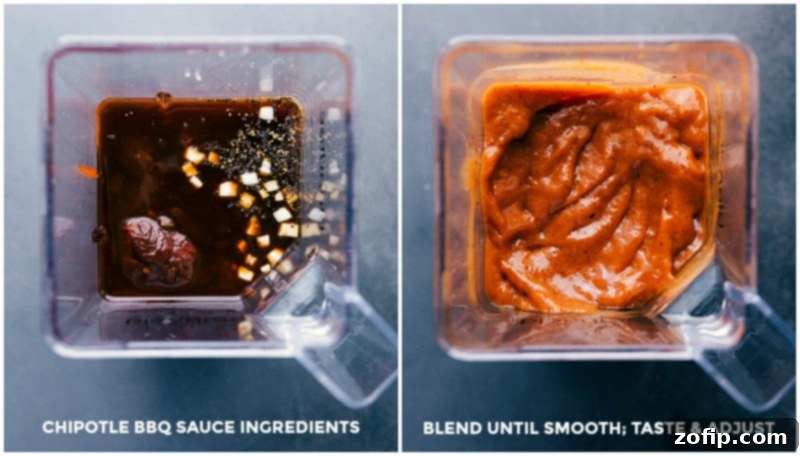 Making chipotle barbecue sauce by assembling ingredients in a blender jar and blending until smooth, with adjustments to taste if necessary.