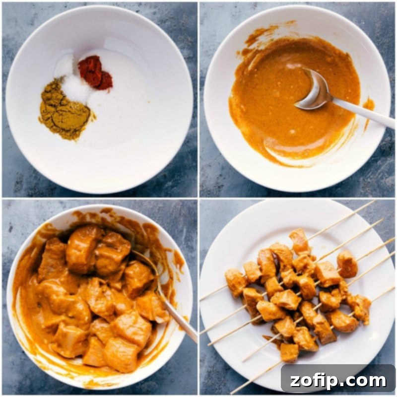 A vibrant scene showcasing the cooking process: marinated chicken being stirred, then skewered and grilled, finally presented with a side of rich peanut sauce.