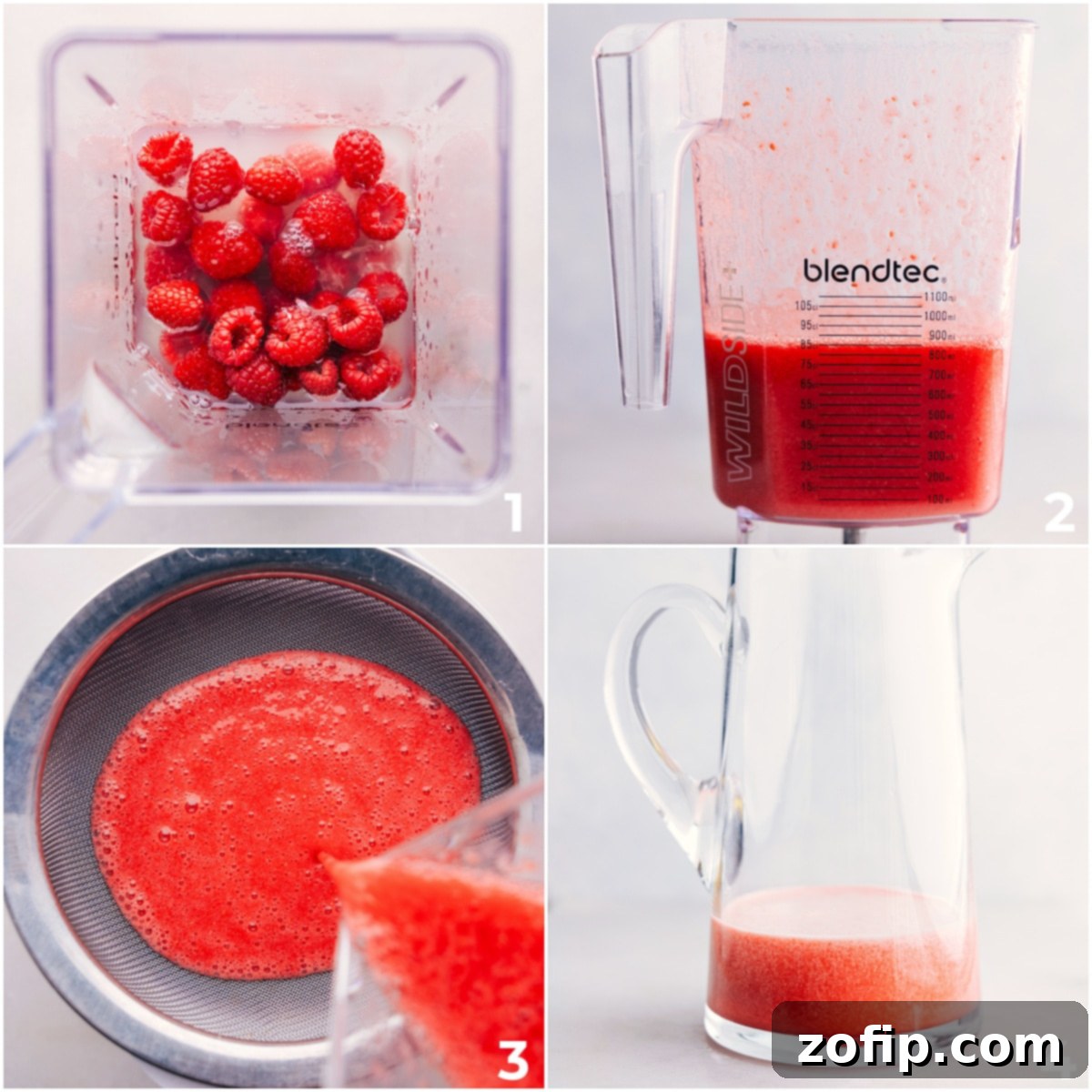 Ruby Raspberry Lemonade 2 Close-up of freshly blended raspberry and lemon mixture, before straining, showcasing its vibrant color and smooth texture.
