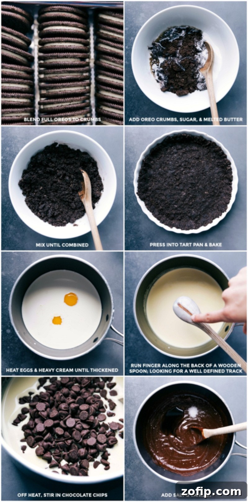 A visual guide to making the chocolate tart crust and filling: blending cookies, combining crumbs with sugar and butter, pressing into the pan, whisking eggs and cream, and mixing in chocolate, salt, and vanilla.