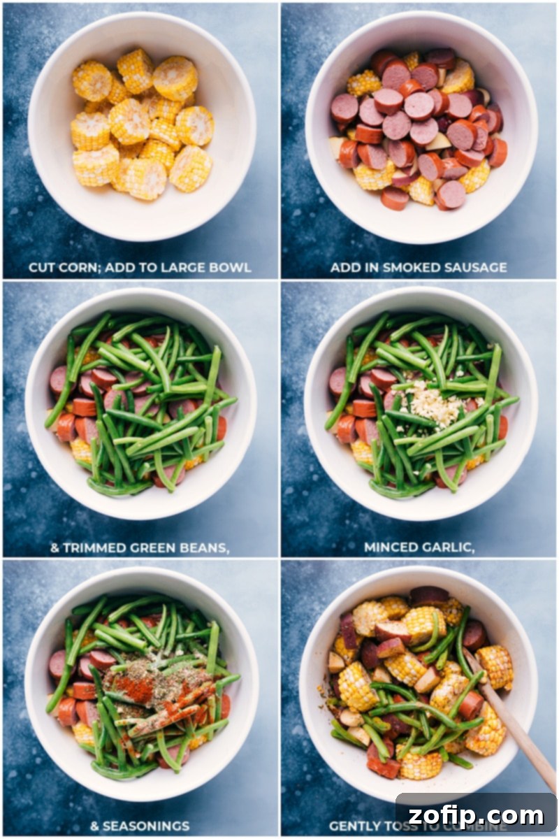 Process shots showing ingredients being added to a bowl and tossed with seasonings for foil packs.