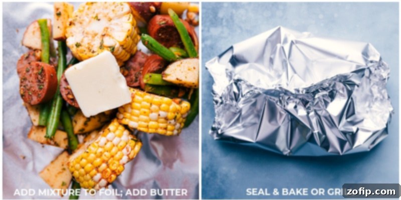 Assembling garlic butter sausage and veggie foil packs, showing ingredients being placed on foil and sealed.