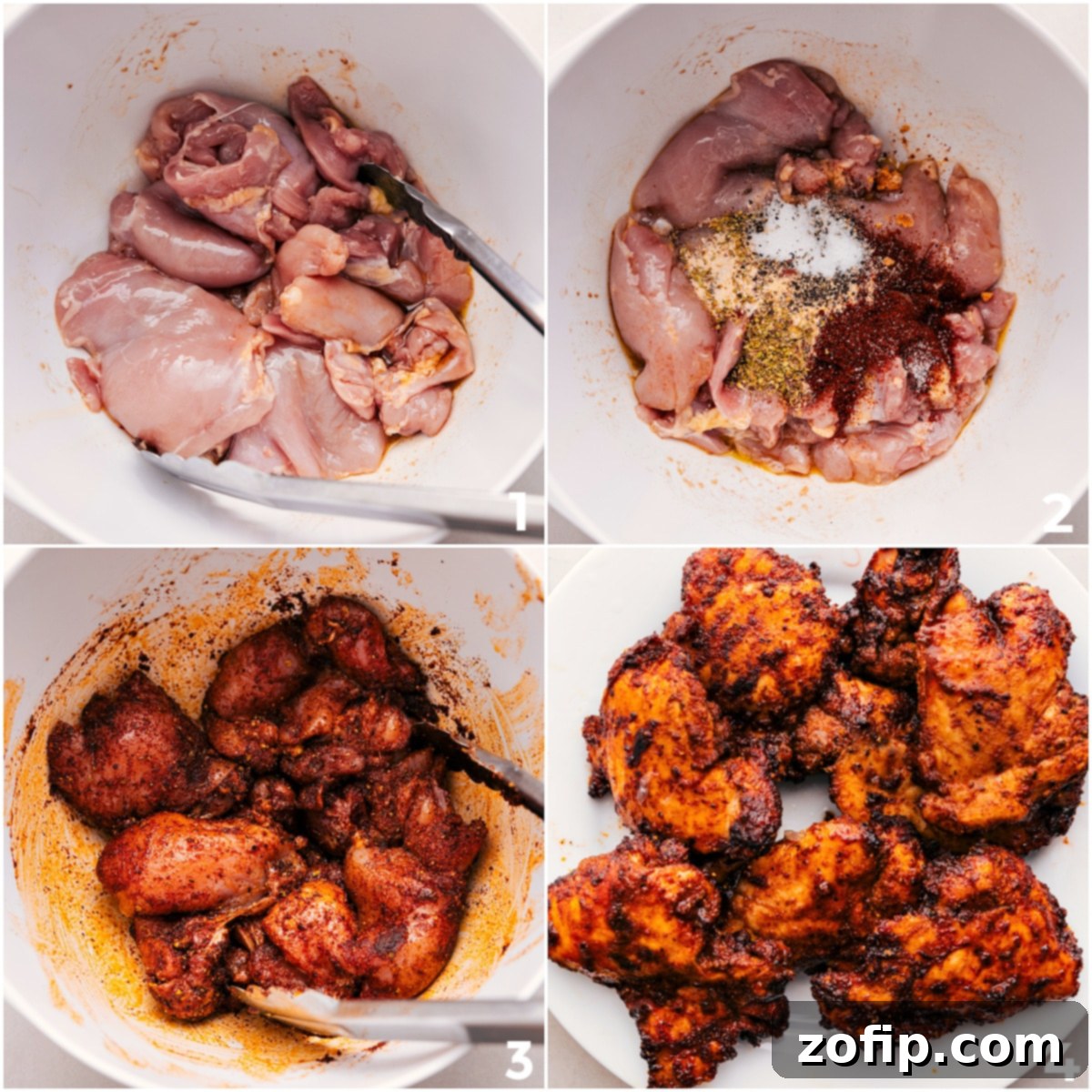 Close-up shot of chicken pieces being tossed with olive oil, balsamic vinegar, and a rich blend of fajita seasonings in a large mixing bowl, ensuring every piece is coated.