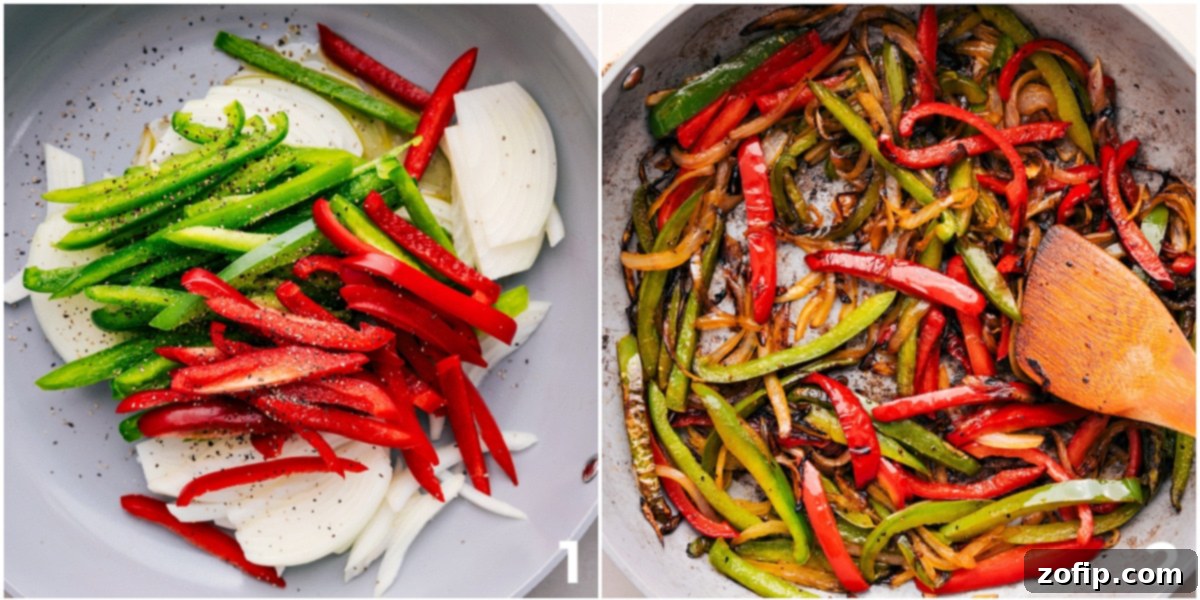 Thinly sliced bell peppers and onions sizzling in a hot nonstick skillet with olive oil and seasonings, achieving perfect caramelization and charring.