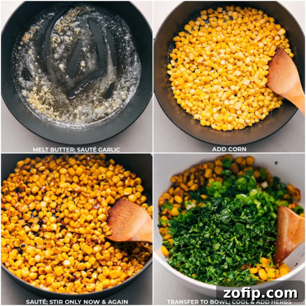 Charred corn being mixed with fresh cilantro, green onions, and optional jalapeños for the corn topping.