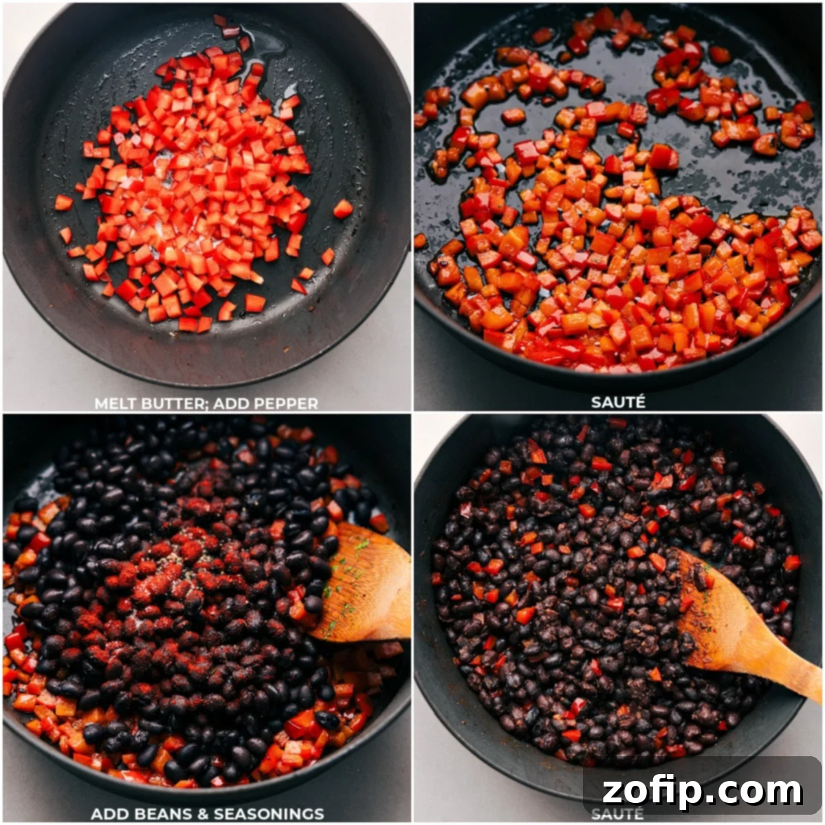 Red bell peppers, black beans, and seasonings being sautéed in a pan for these Black Bean Burrito bowls.