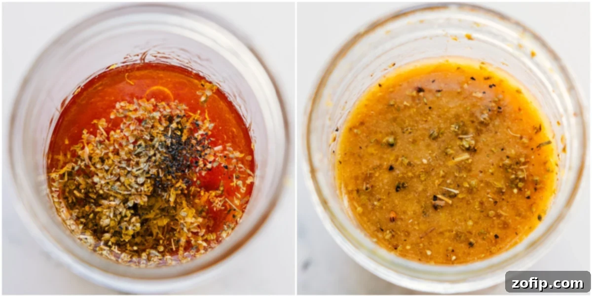 The vibrant lemon dressing ingredients mixed together in a mason jar, ready to be shaken for this delicious quinoa salad.