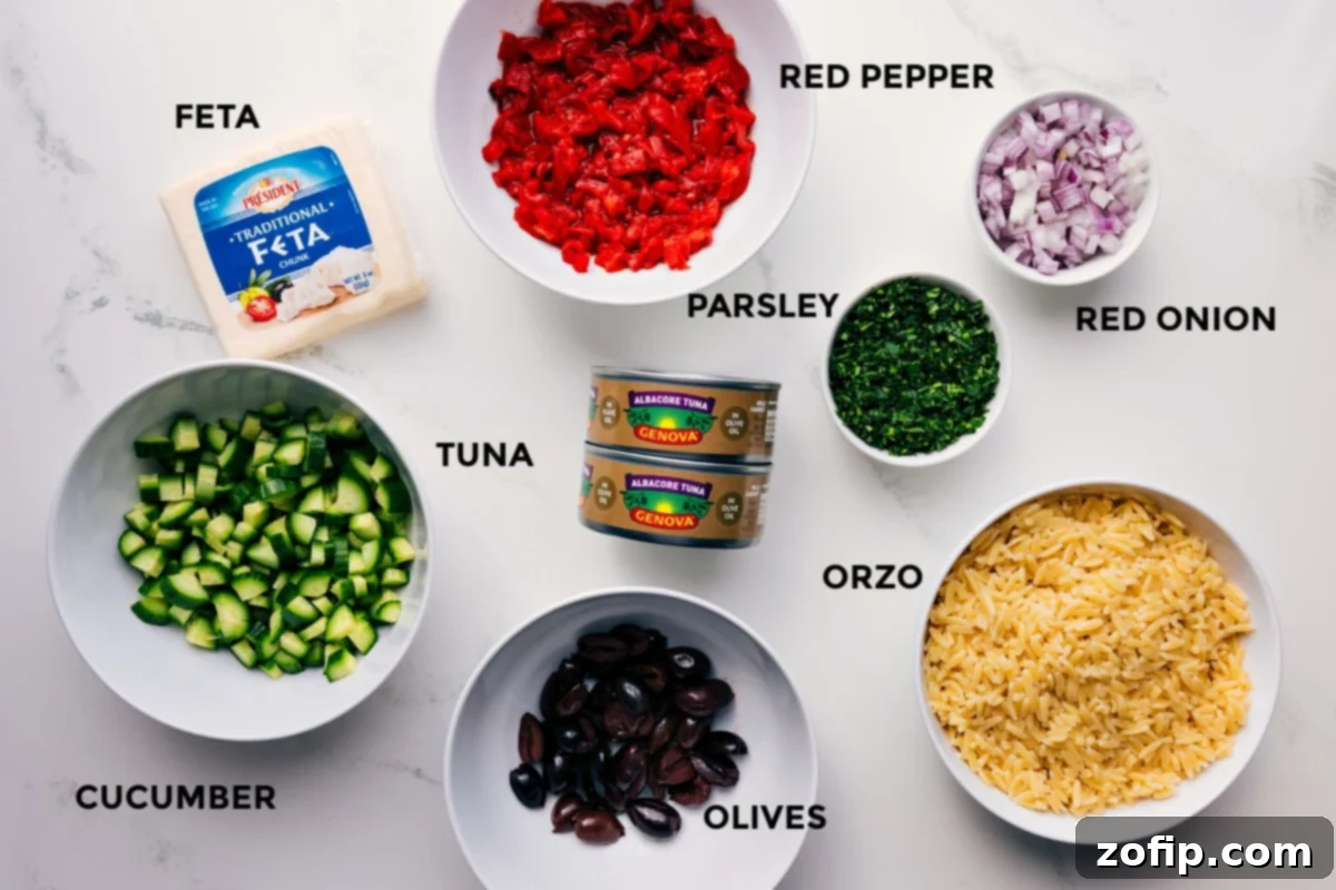 All the wholesome ingredients for a nutritious Mediterranean Tuna Salad laid out, featuring fluffy orzo pasta, rich olive-oil-packed tuna, crisp cucumbers, sweet roasted red peppers, pungent red onions, fresh parsley, briny olives, and creamy feta cheese, all meticulously prepped and ready for assembly.
