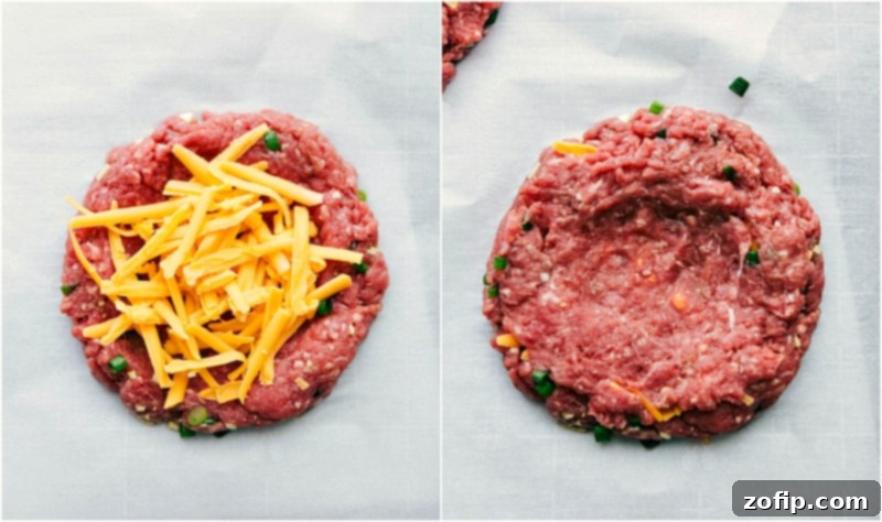 Ground meat skillfully shaped into a round patty with a generous amount of cheese in the middle, ready for grilling and creating a delicious surprise.