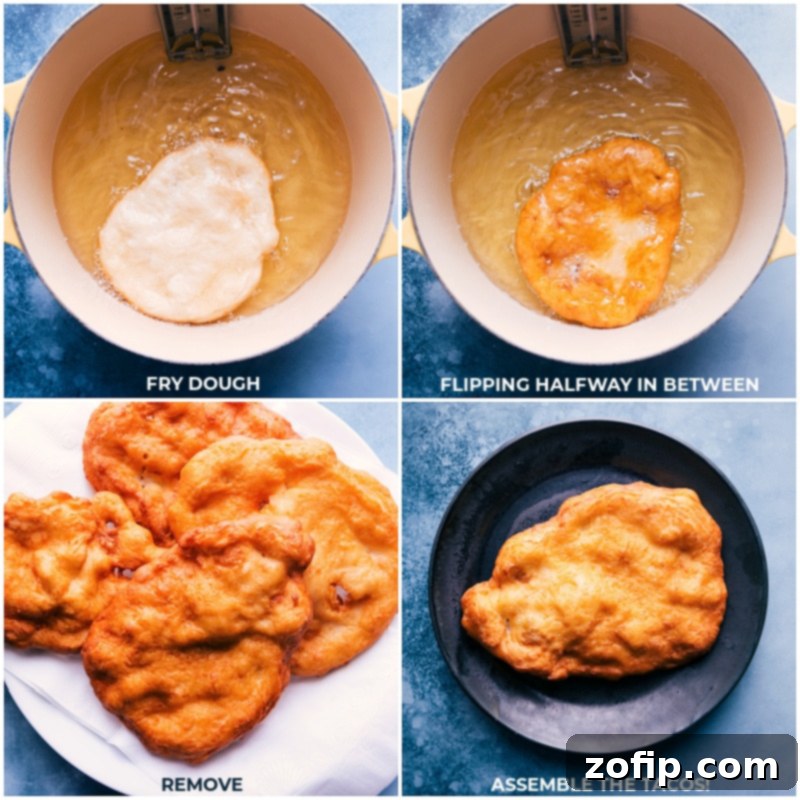 Frying homemade Fry Bread for Navajo Tacos. Process images showing Fry Bread cooking to golden perfection in hot oil.