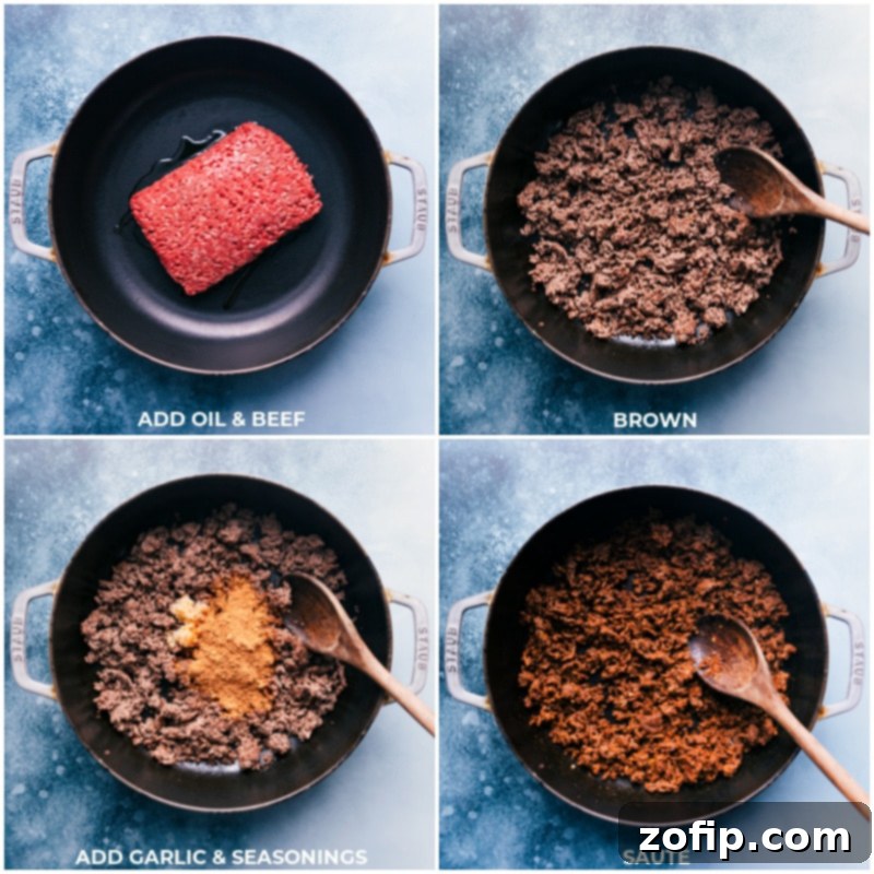Preparing the seasoned beef and bean filling for Navajo Tacos. Process images showing ground beef browning, followed by the addition of garlic and seasonings to the pan.