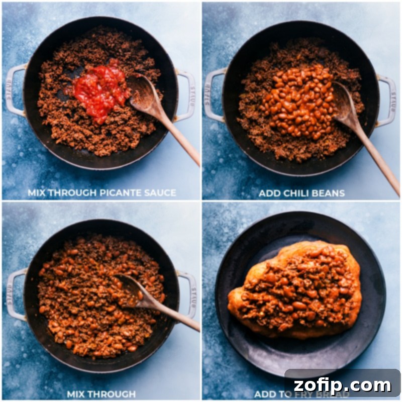 Assembling Navajo Tacos with savory meat and beans on Fry Bread. Process images showing chili beans and picante sauce being added to the meat mixture, then the mixture being spooned onto the Fry Bread.
