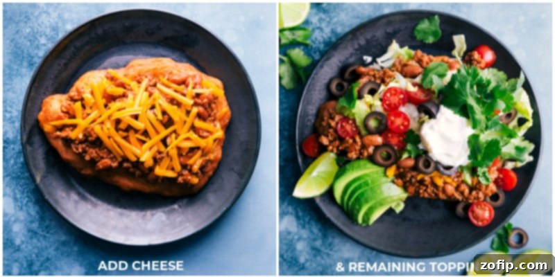 Final touches: Adding cheese and fresh toppings to Navajo Tacos. Process images showing cheese and other toppings being added to the assembled Navajo Tacos.