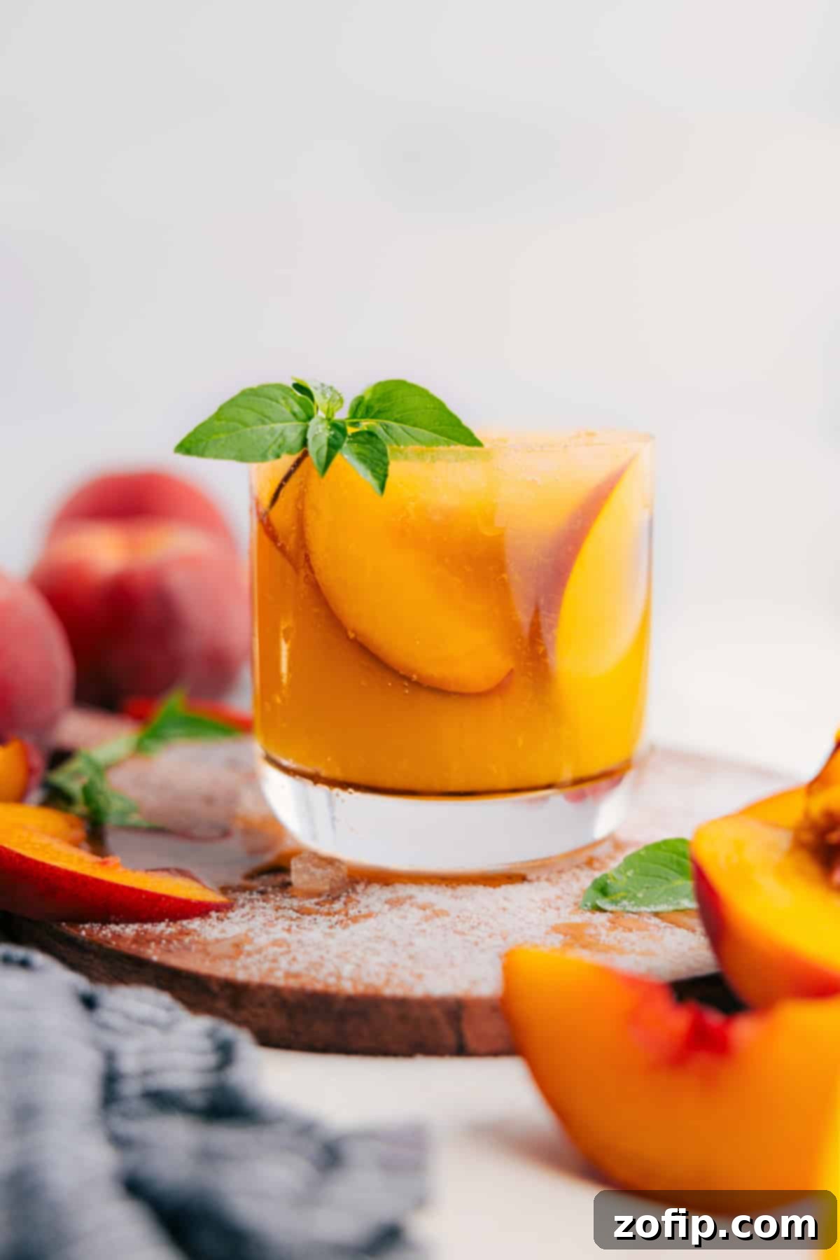 Peach lemonade in a clear glass topped with fresh peach slices and mint leaves.