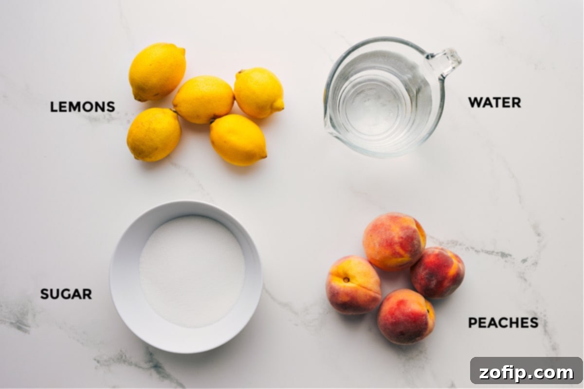 All the ingredients in this recipe prepped out for easy assembly including the lemons, sugar, water, and peaches.