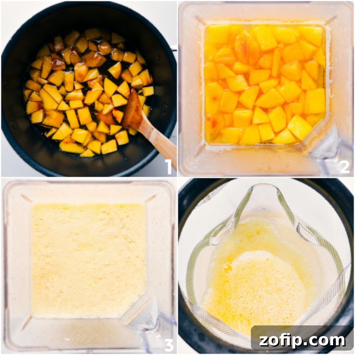 The peaches being simmered with sugar and water and then blended up and lemon juice being added for this peach lemonade.