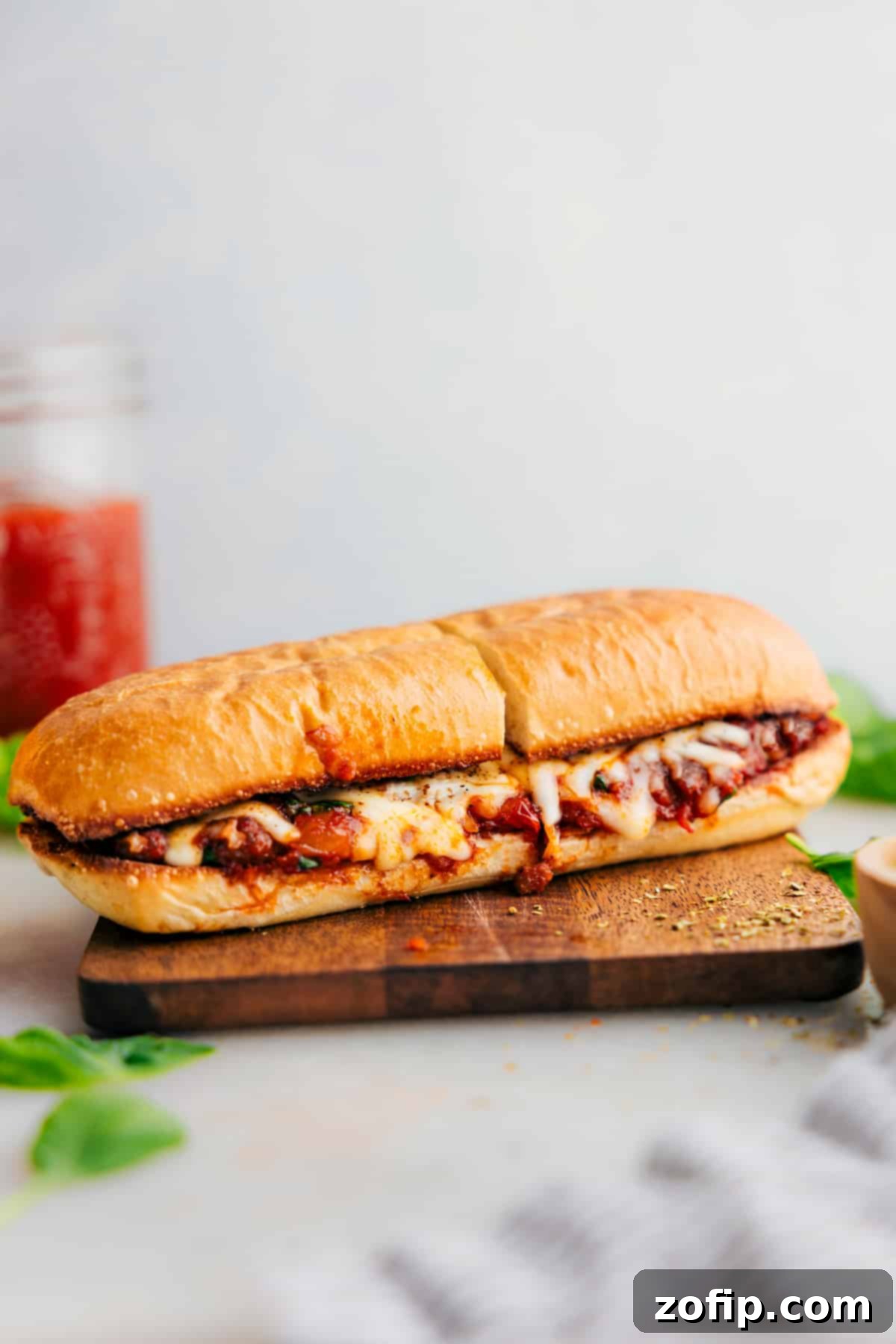 Freshly made Italian Sausage Sandwich, hot out of the oven with melted cheese, ready to be enjoyed.