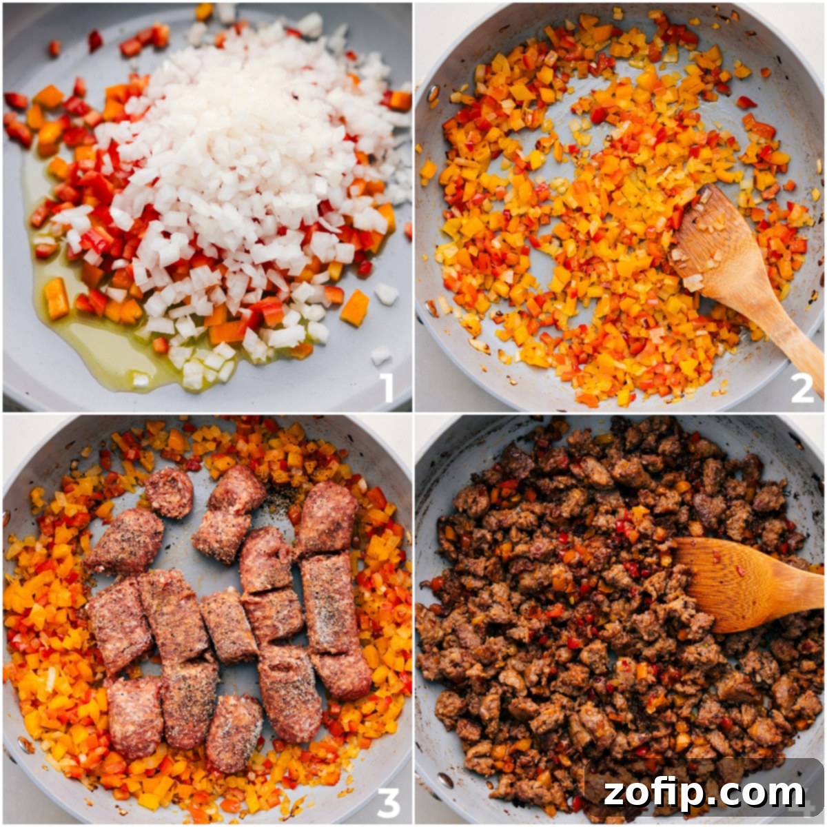 The cooking process for Italian Sausage Sandwiches, showing colorful vegetables sautéing and ground sausage browning in a skillet.