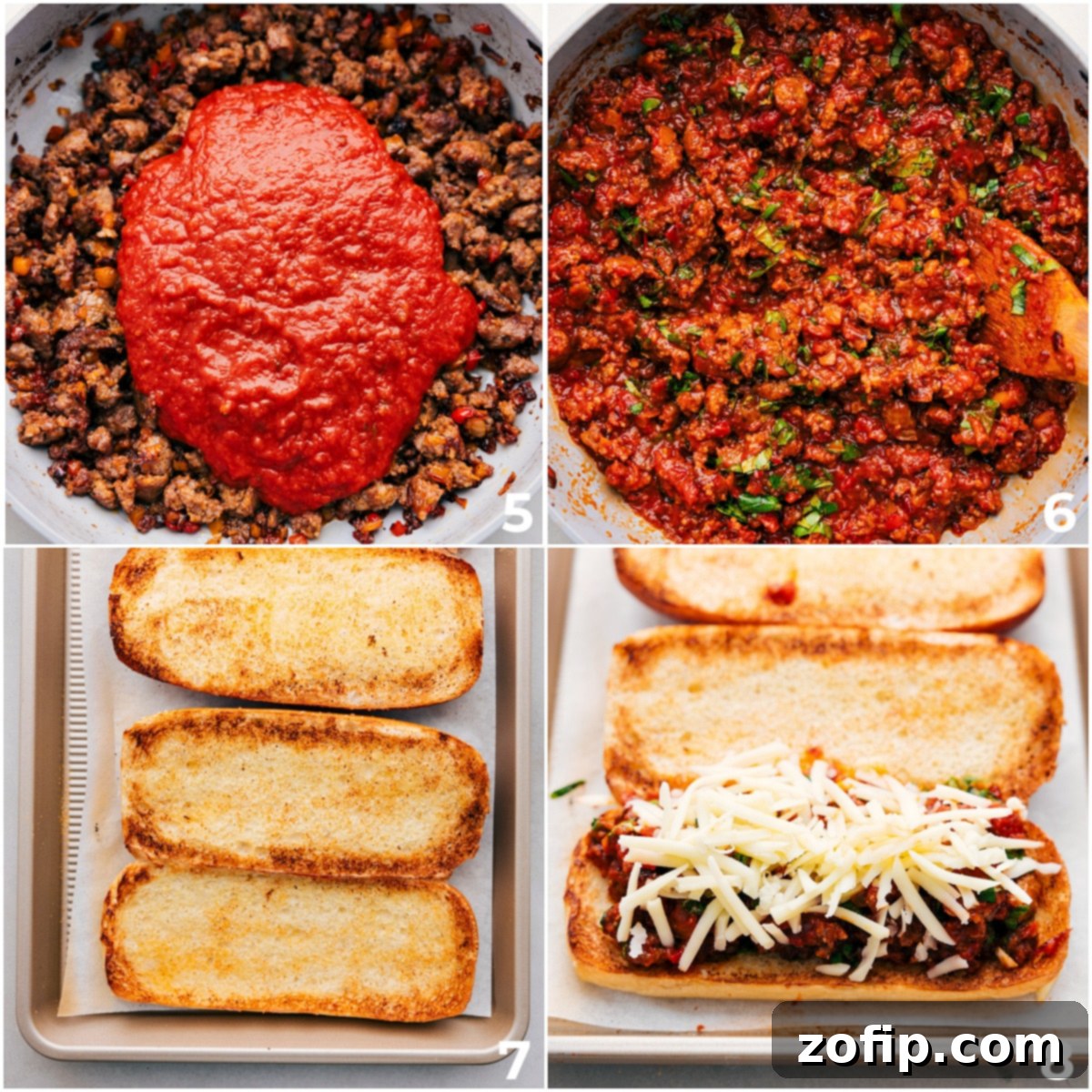 The delicious marinara sauce being mixed with browned sausage and then layered into a toasted hoagie bun, ready for cheese and broiling.