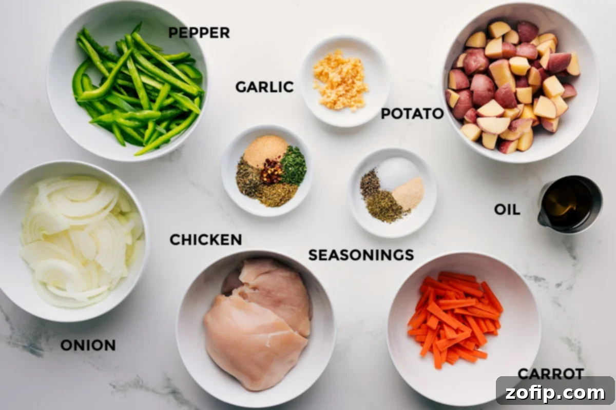 Ingredients In Foil Pack Italian Chicken And Veggies All the ingredients in this recipe are prepped ahead for easy assembly, including the onion, pepper, garlic, meat, seasonings, carrot, potatoes, and oil.