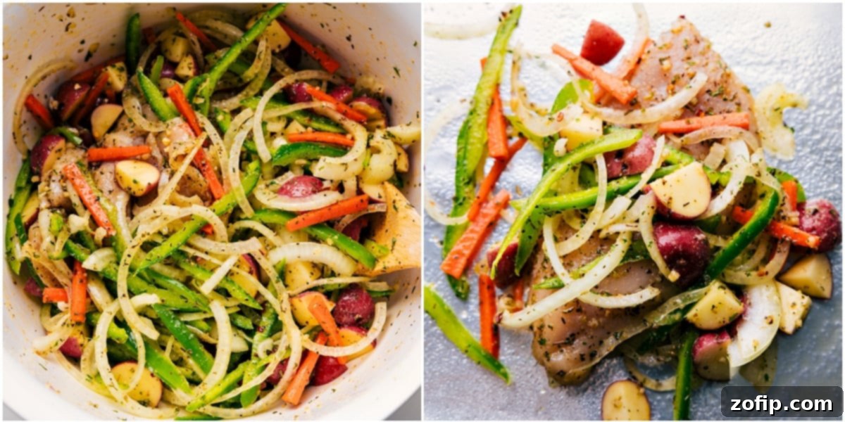 Easy Italian Chicken Foil Packs 3 All the ingredients tossed together in a big bowl to season and oil them and then the mixture placed on a foil for this foil pack Italian chicken and veggies.