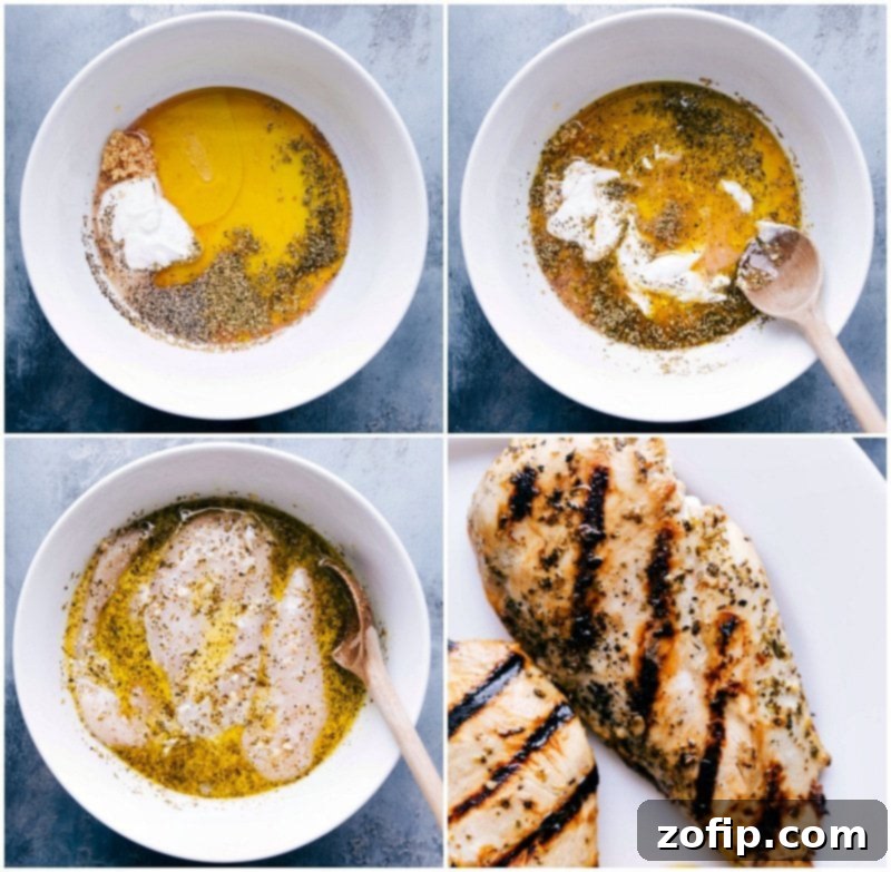 Two stages of chicken preparation: on the left, raw chicken breasts submerged in a vibrant, herb-infused marinade; on the right, perfectly grilled chicken with tantalizing char marks, sliced and ready for gyros.